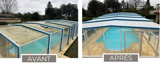Photos avant et après réparation d'un abri de piscine